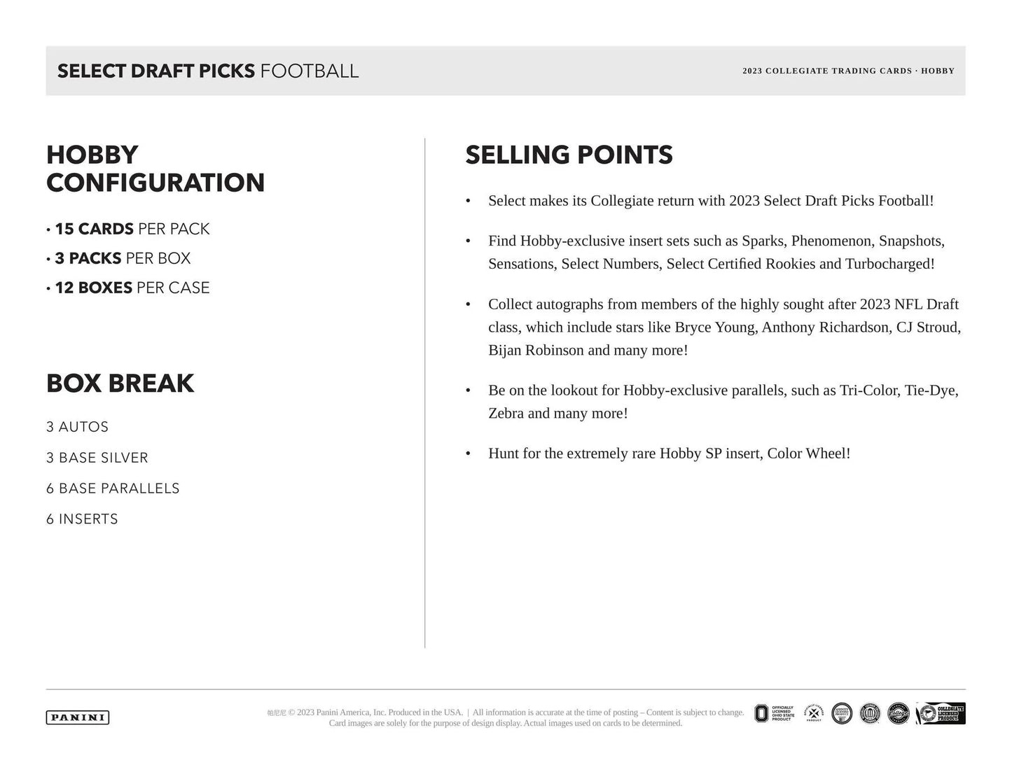 2023 Panini Select Draft Picks Football Hobby Box